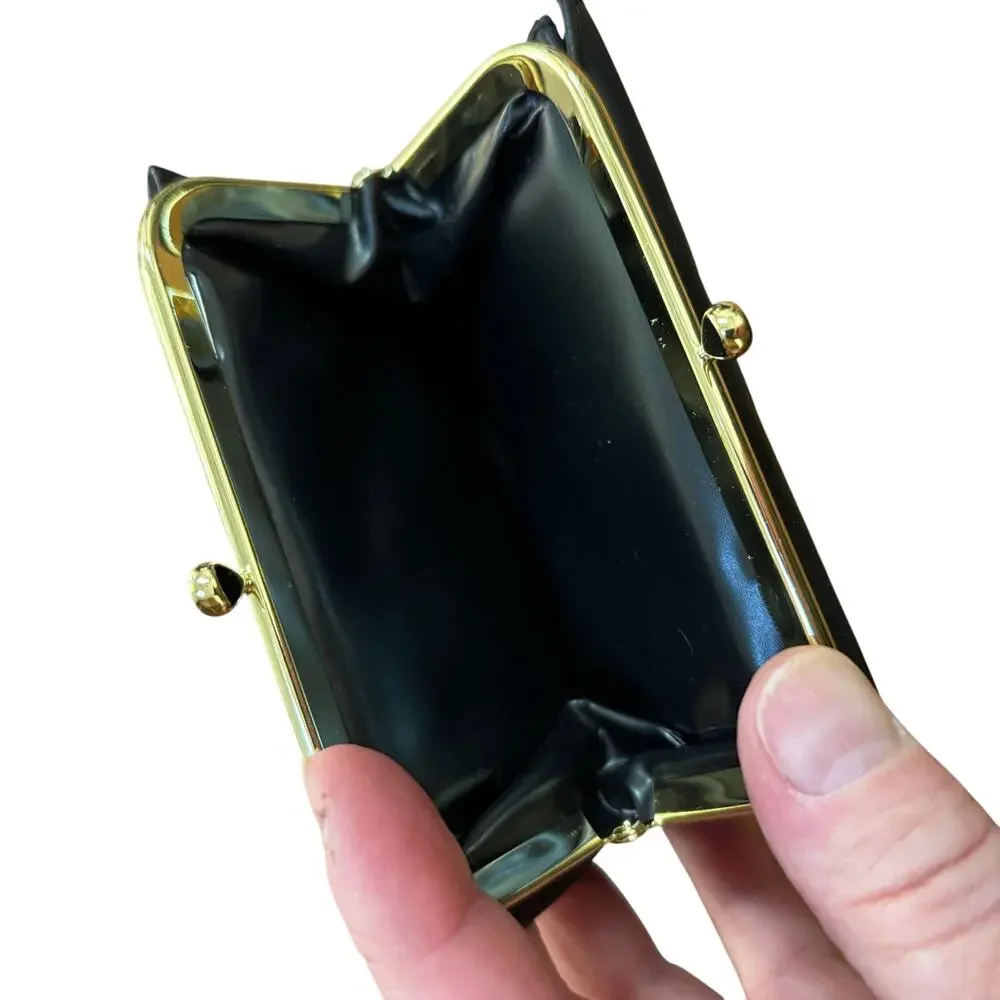 Vintage Rolfs black leather coin purse wallet embossed floral flap gold kisslock